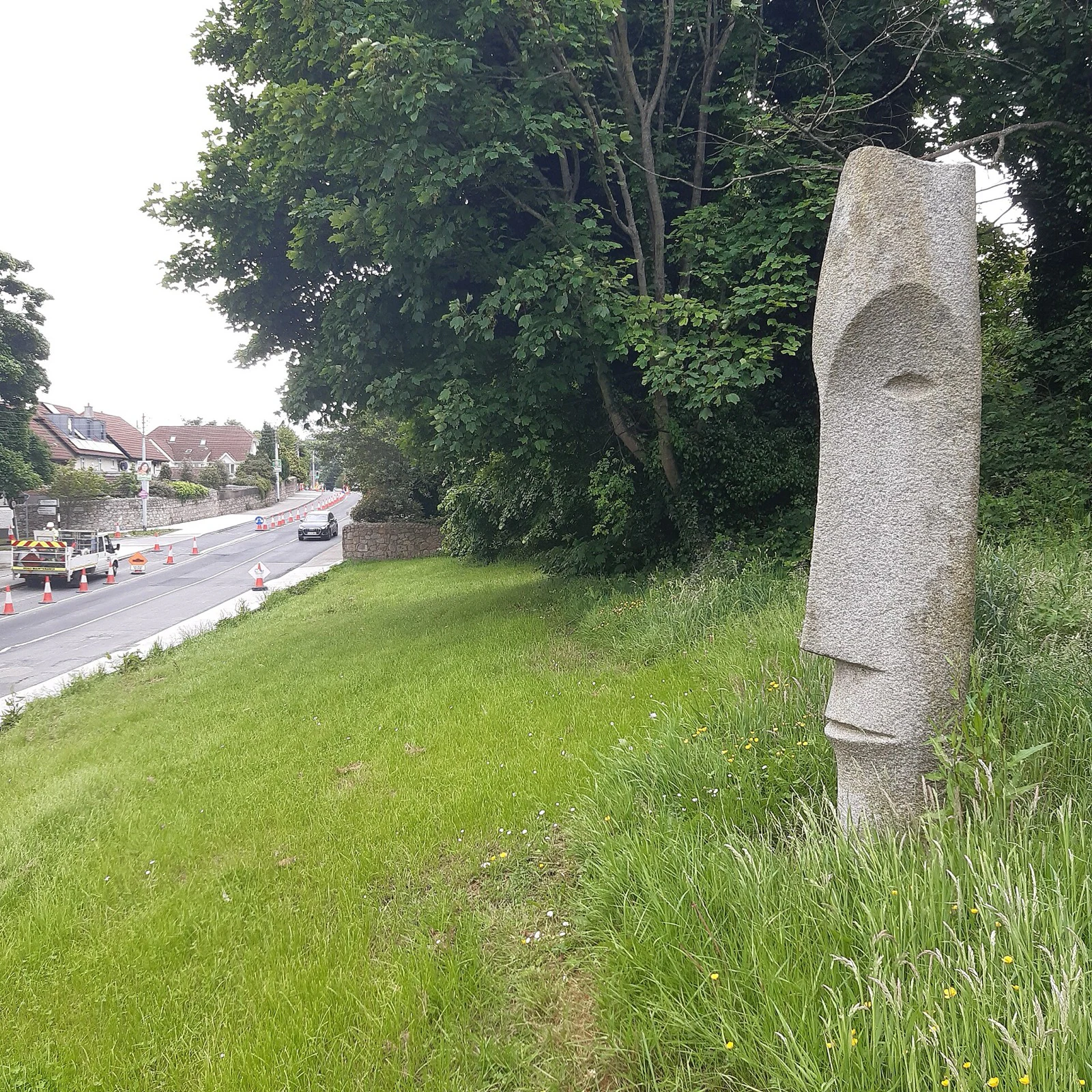 A carved granite head standing in long grass on a verge beside a suburban road.