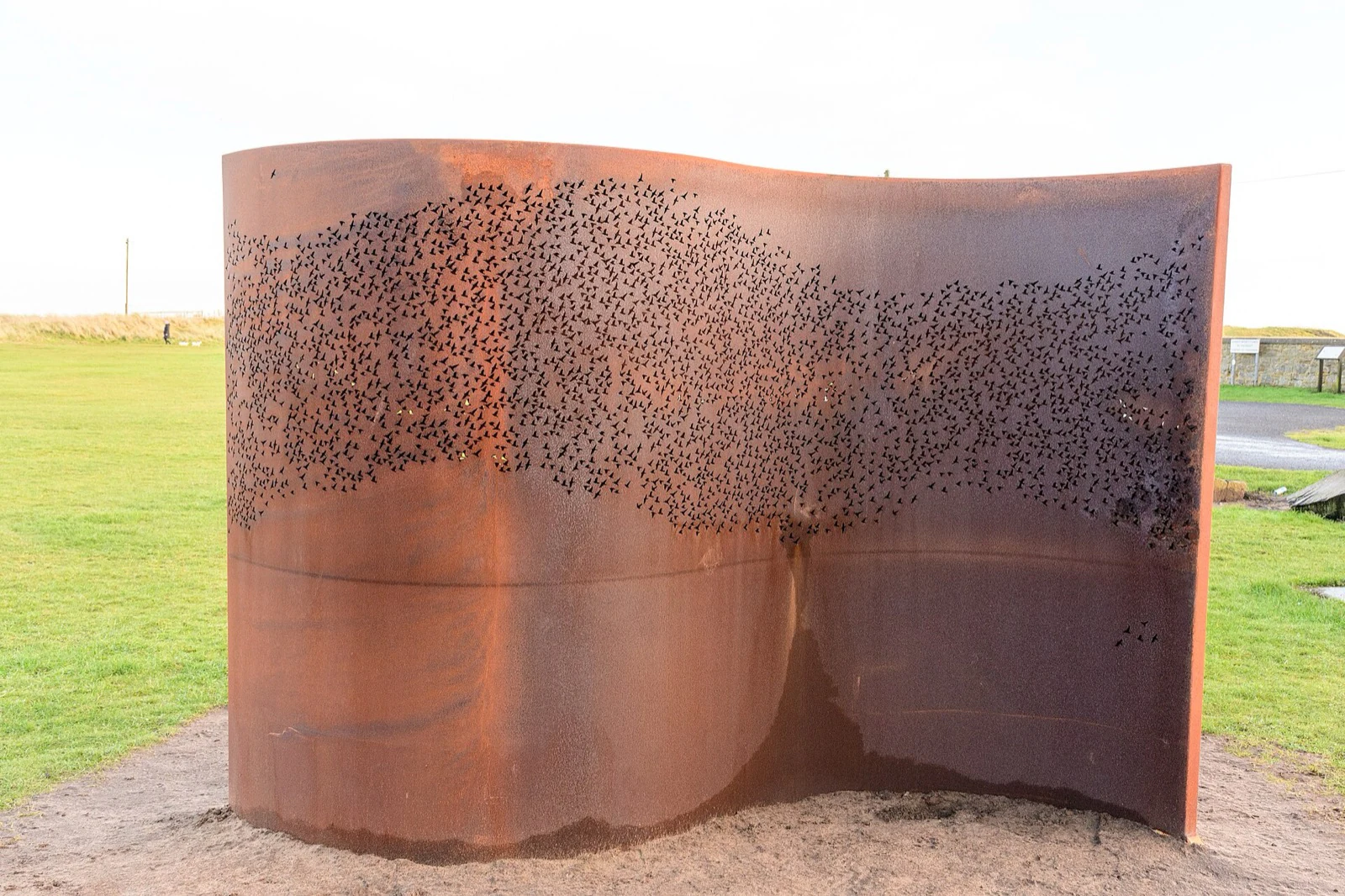 A curved weathering-steel sculpture pierced with a flock of birds, standing alone on open grass beside a path.