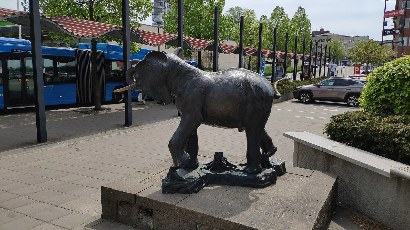 A life-size bronze elephant sculpture on a low plinth beside a bus interchange, with a blue articulated bus behind it.