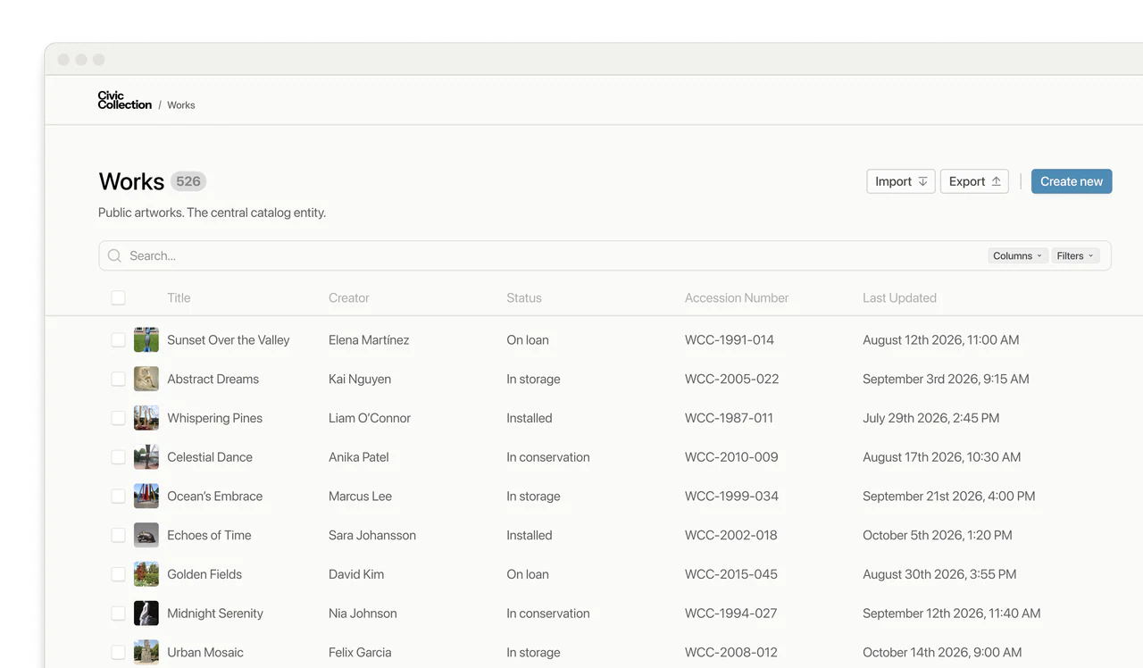 The Works admin listing 526 artworks with import, export and create controls, and columns for creator, status, accession number and last updated