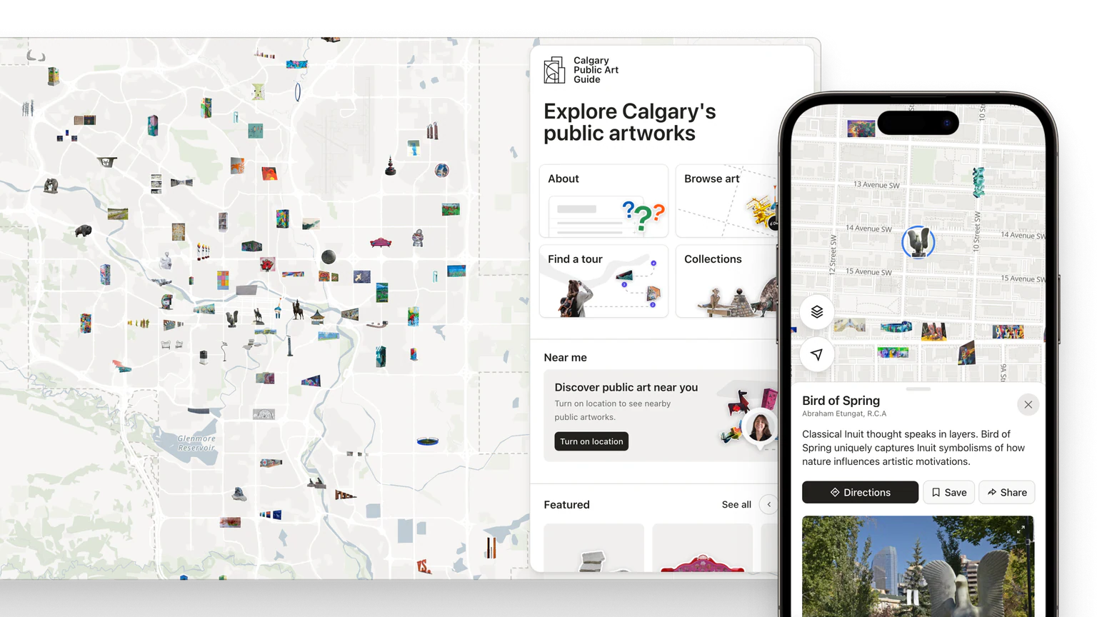 The Calgary Public Art Guide on a phone and a tablet — a citywide map dense with artwork thumbnails, and the “Bird of Spring” artwork sheet open