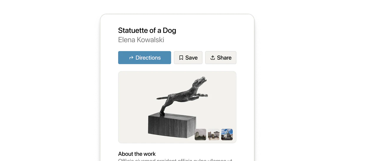 An artwork page for “Statuette of a Dog” by Elena Kowalski, with Directions, Save and Share buttons above the photograph