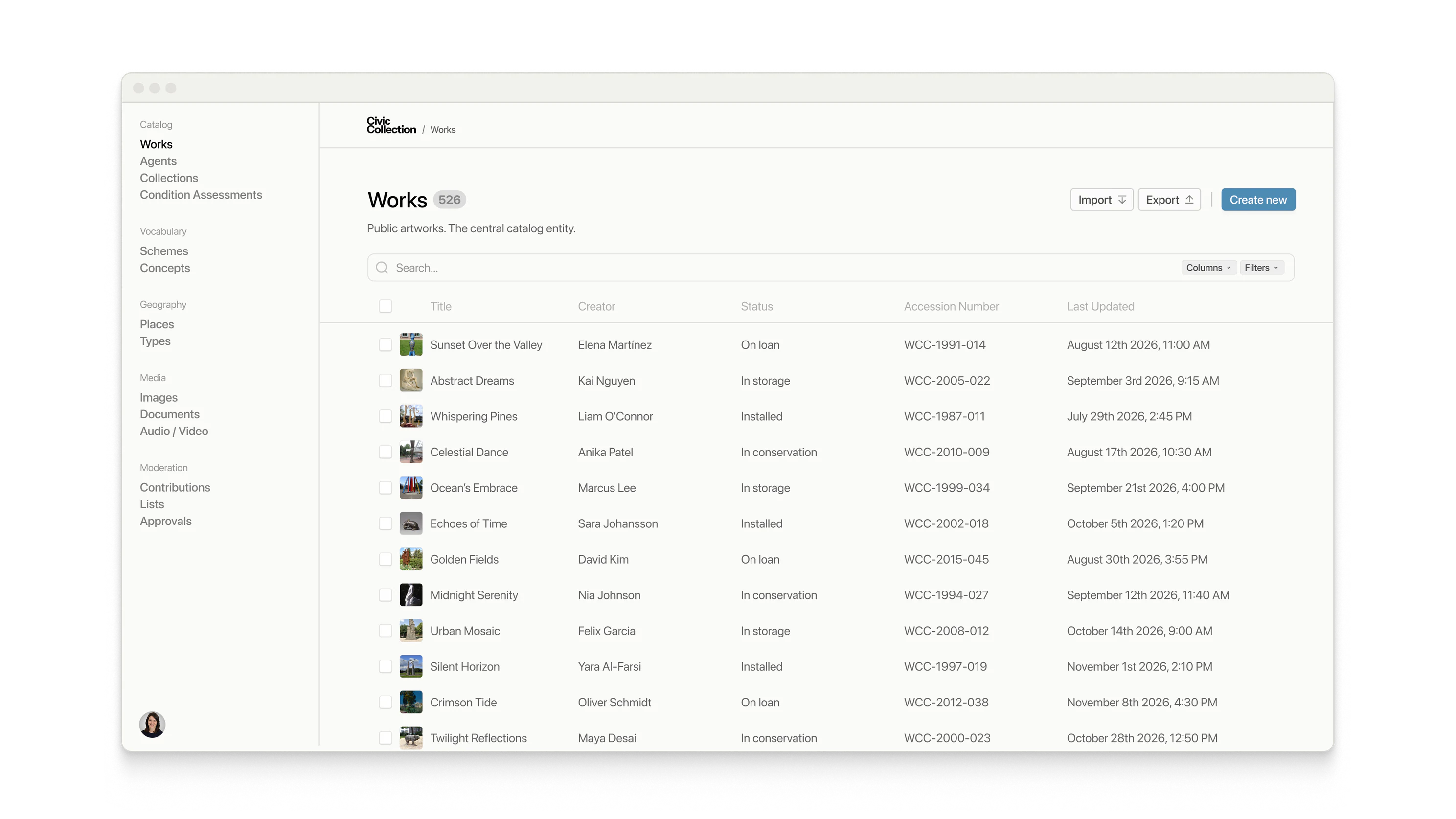The Civic Collection admin: a sidebar grouping catalog, vocabulary, geography, media and moderation beside a table of 526 works