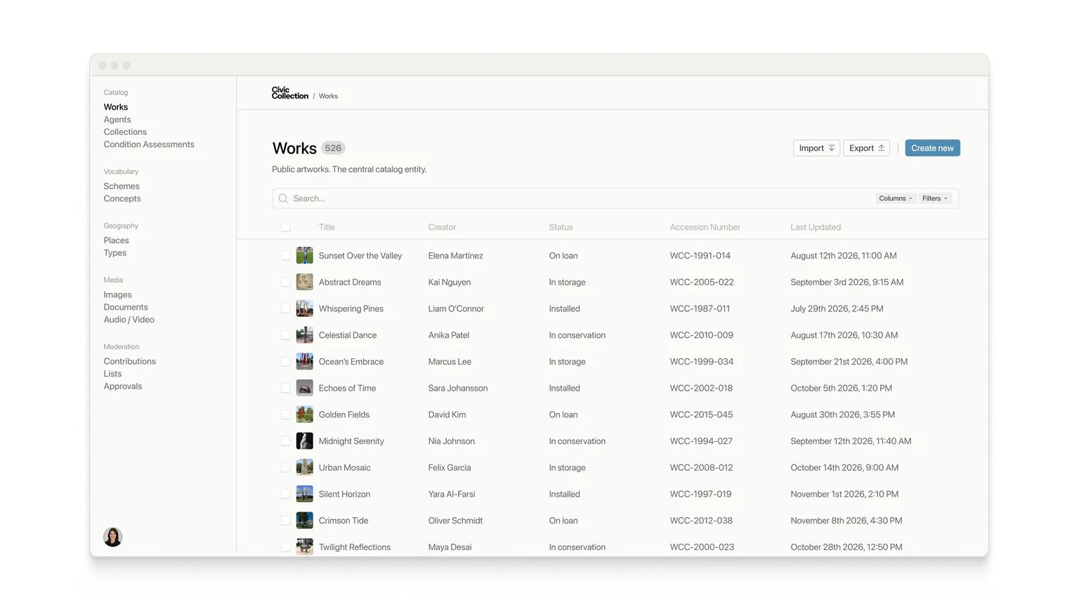 The Civic Collection admin with the works catalog open