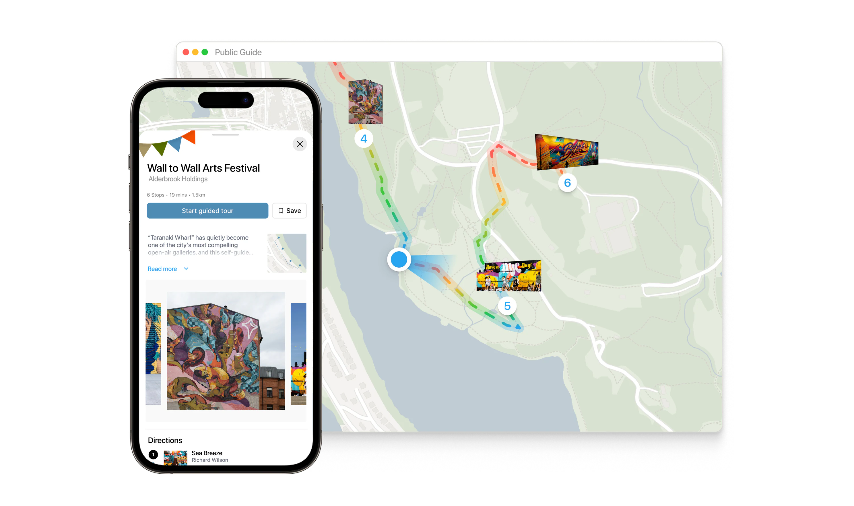 The public art guide, open on the map