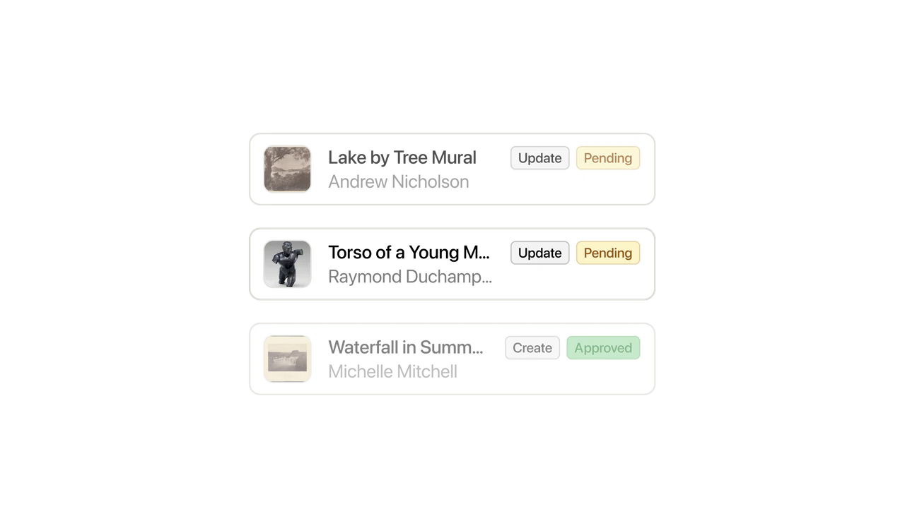 Three community submissions in the moderation queue, each marked pending or approved