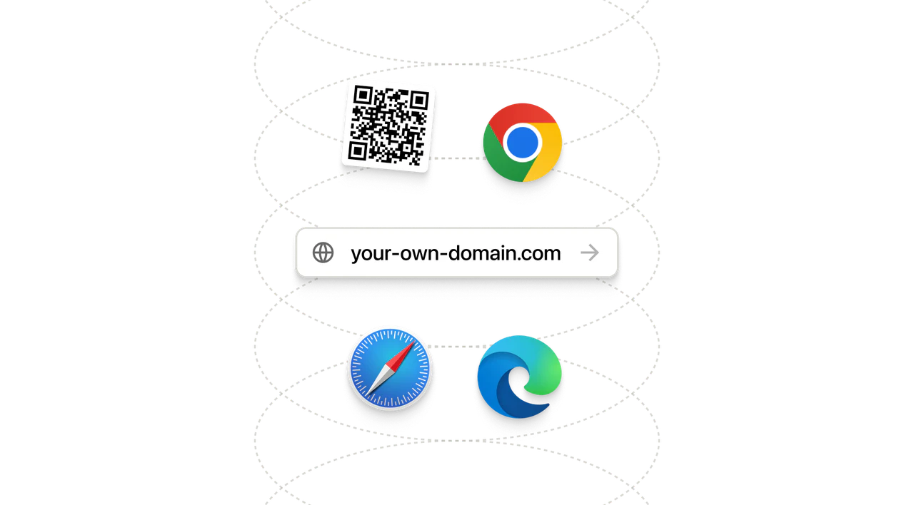 A QR code and Chrome, Safari and Edge icons linked to a single address bar reading “your-own-domain.com”