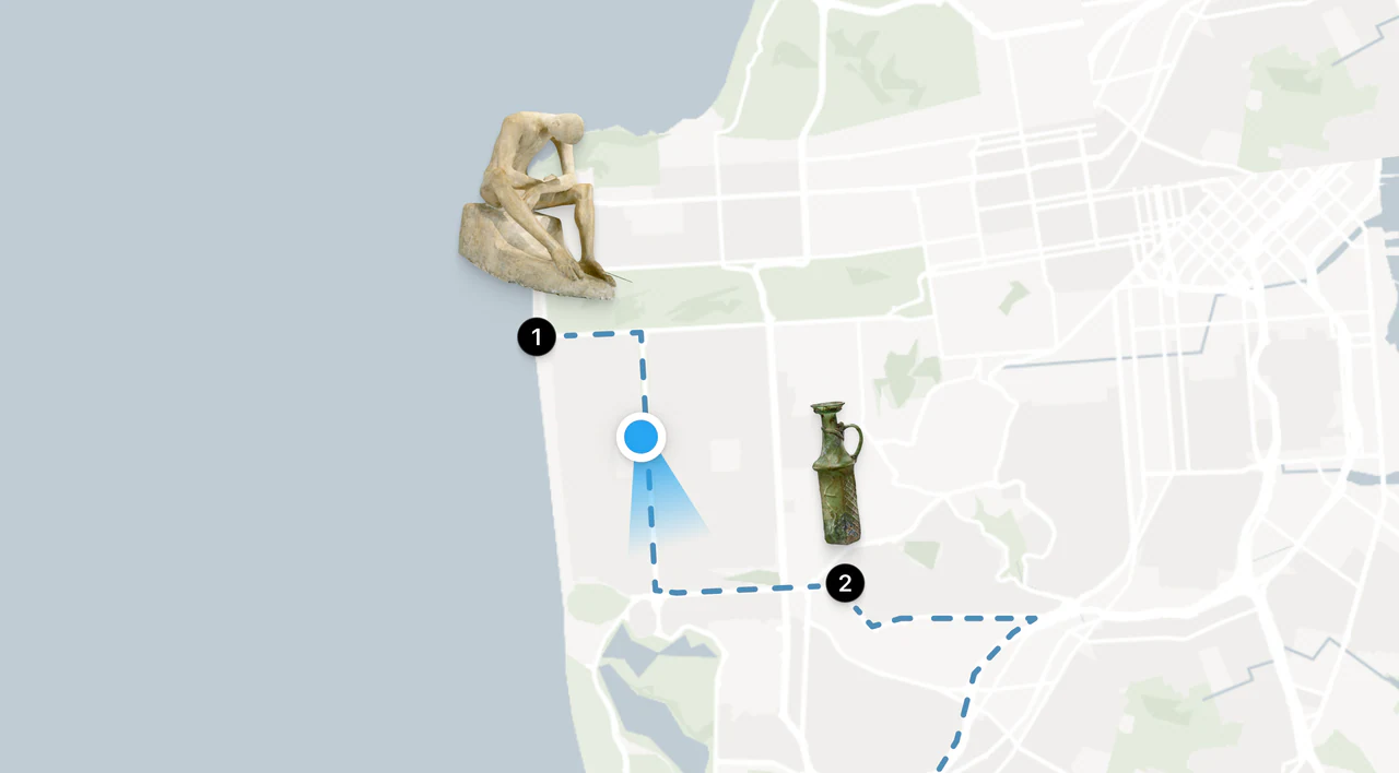 A tour route drawn as a dashed line between numbered stops, with the visitor’s position and heading shown on the map