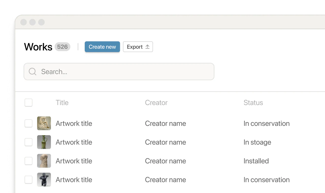 The Works catalog listing artworks by title, creator and status, with statuses like “In conservation” and “Installed”