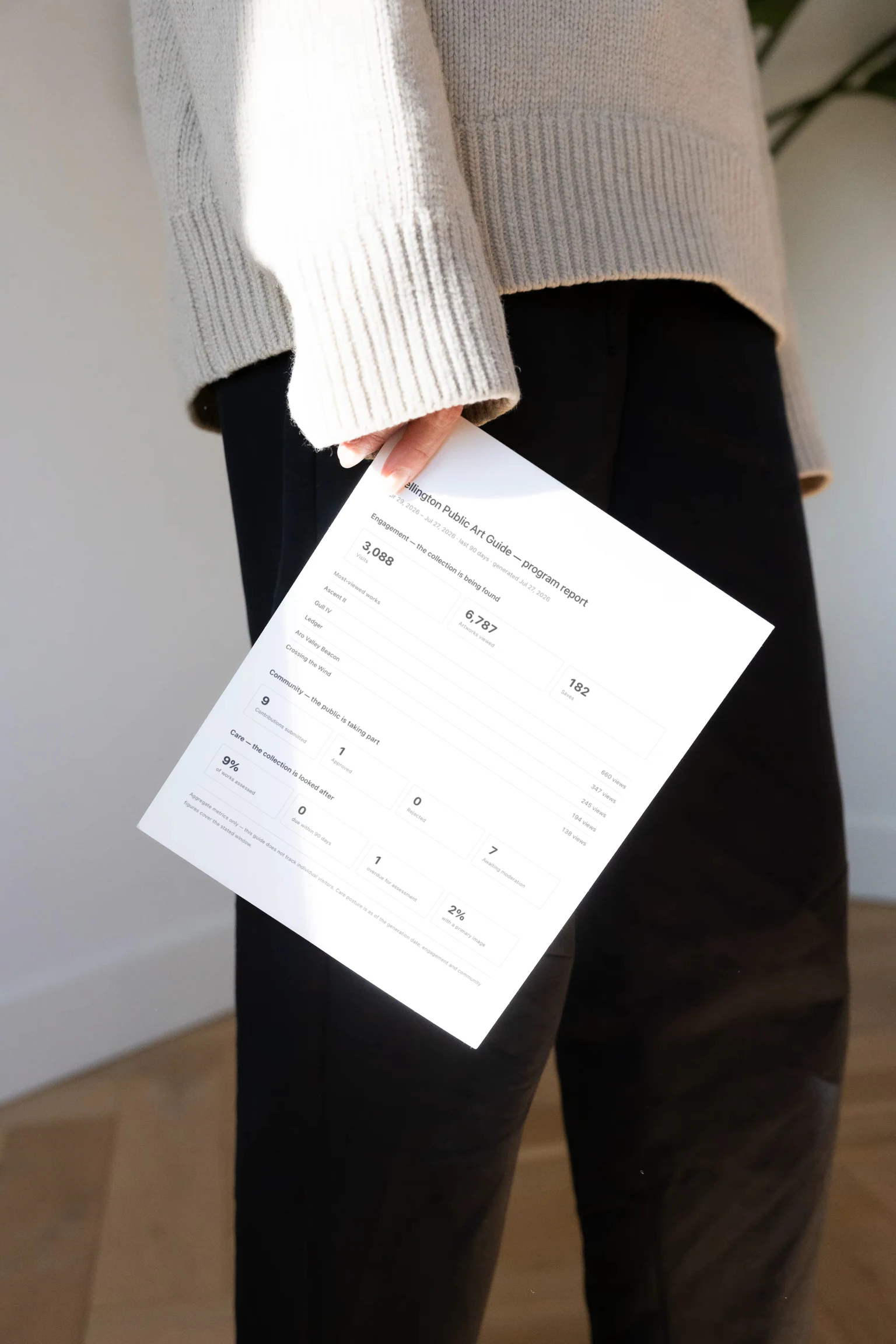 A one-page program report shaped for a council update: engagement, contributions, and care