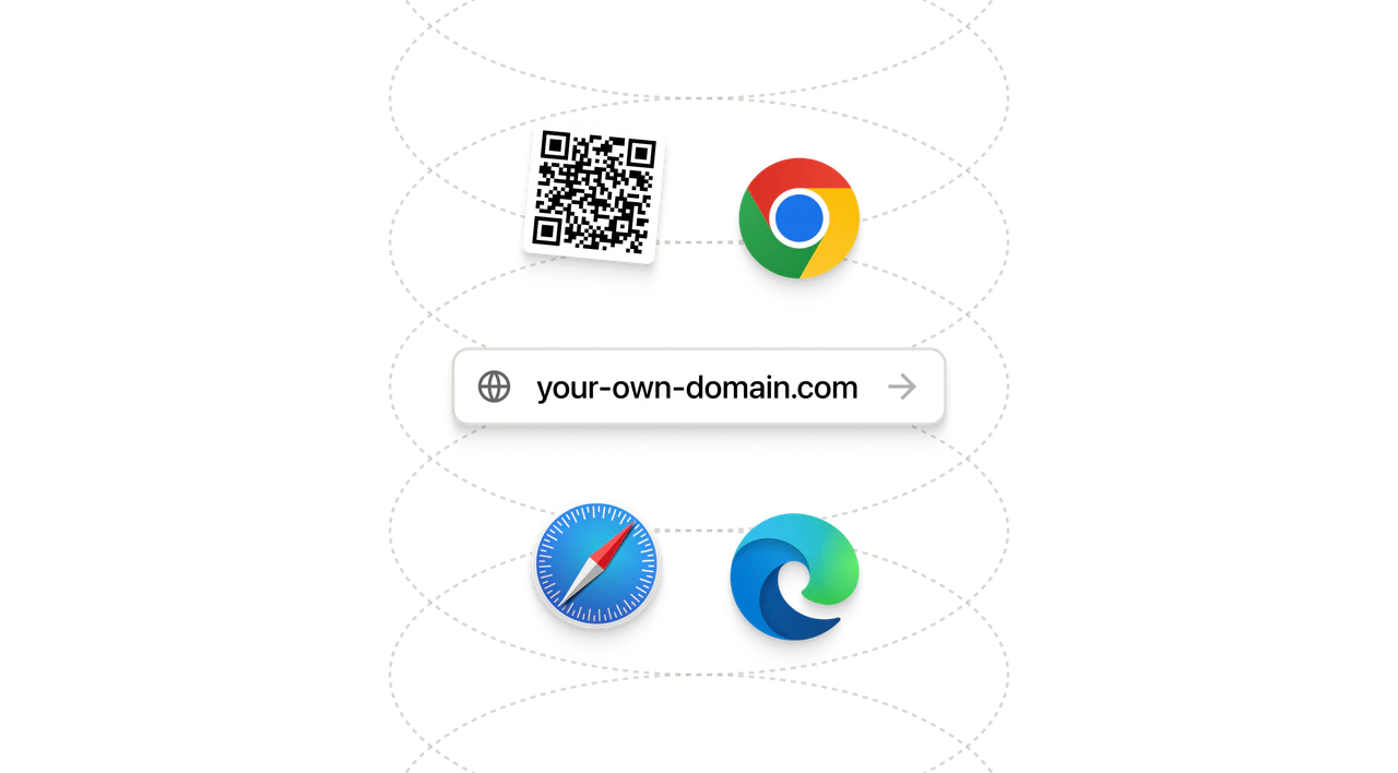 A QR code and Chrome, Safari and Edge icons linked to a single address bar reading “your-own-domain.com”