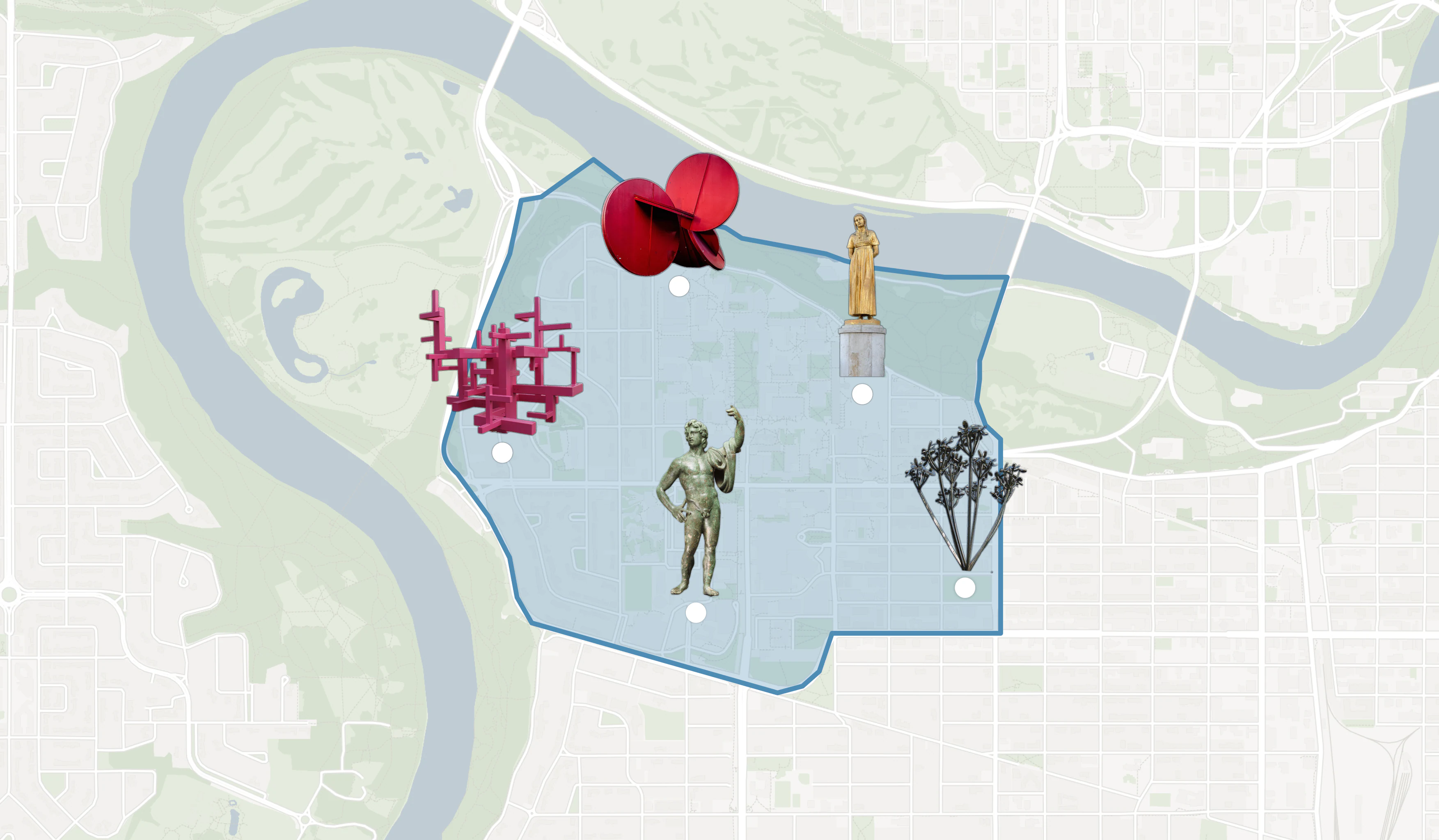 A guide scoped to one district: a handful of murals mapped along a few blocks, with room to grow