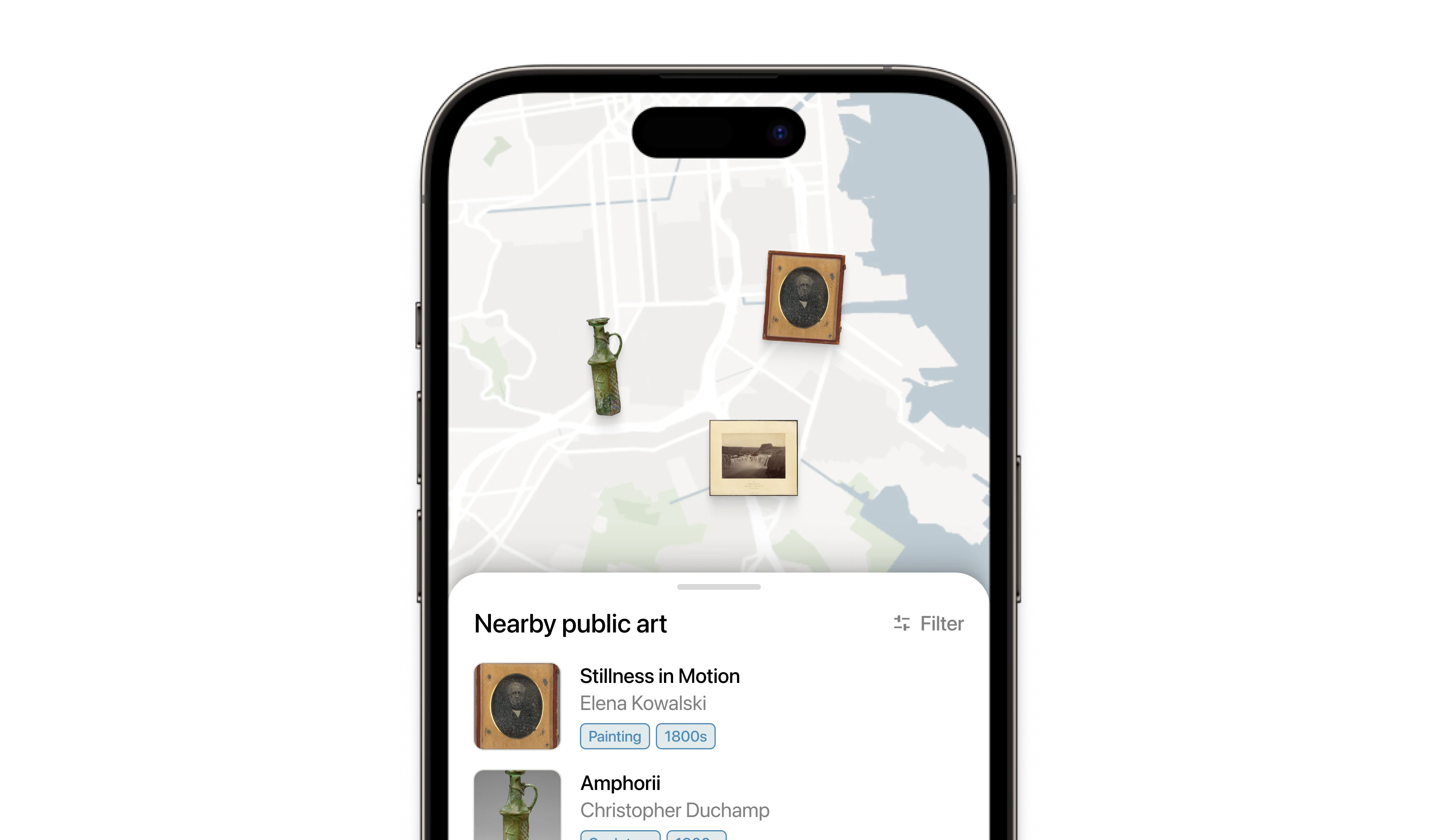 The public art guide, open on the map