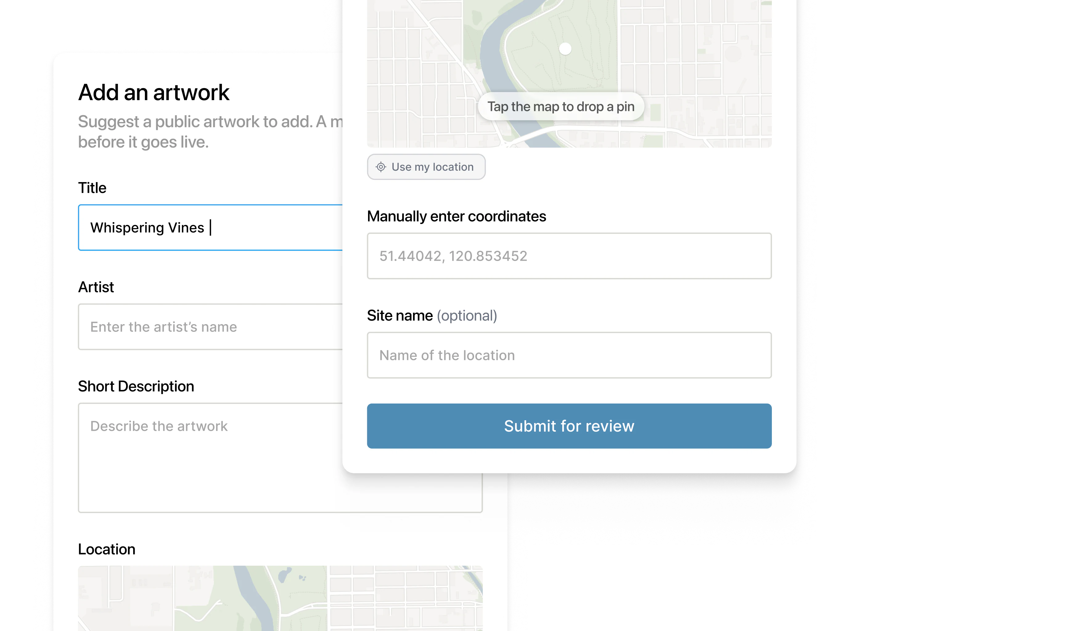 A propose-a-work form with a photo, a pinned location, and what the visitor knows about the artist