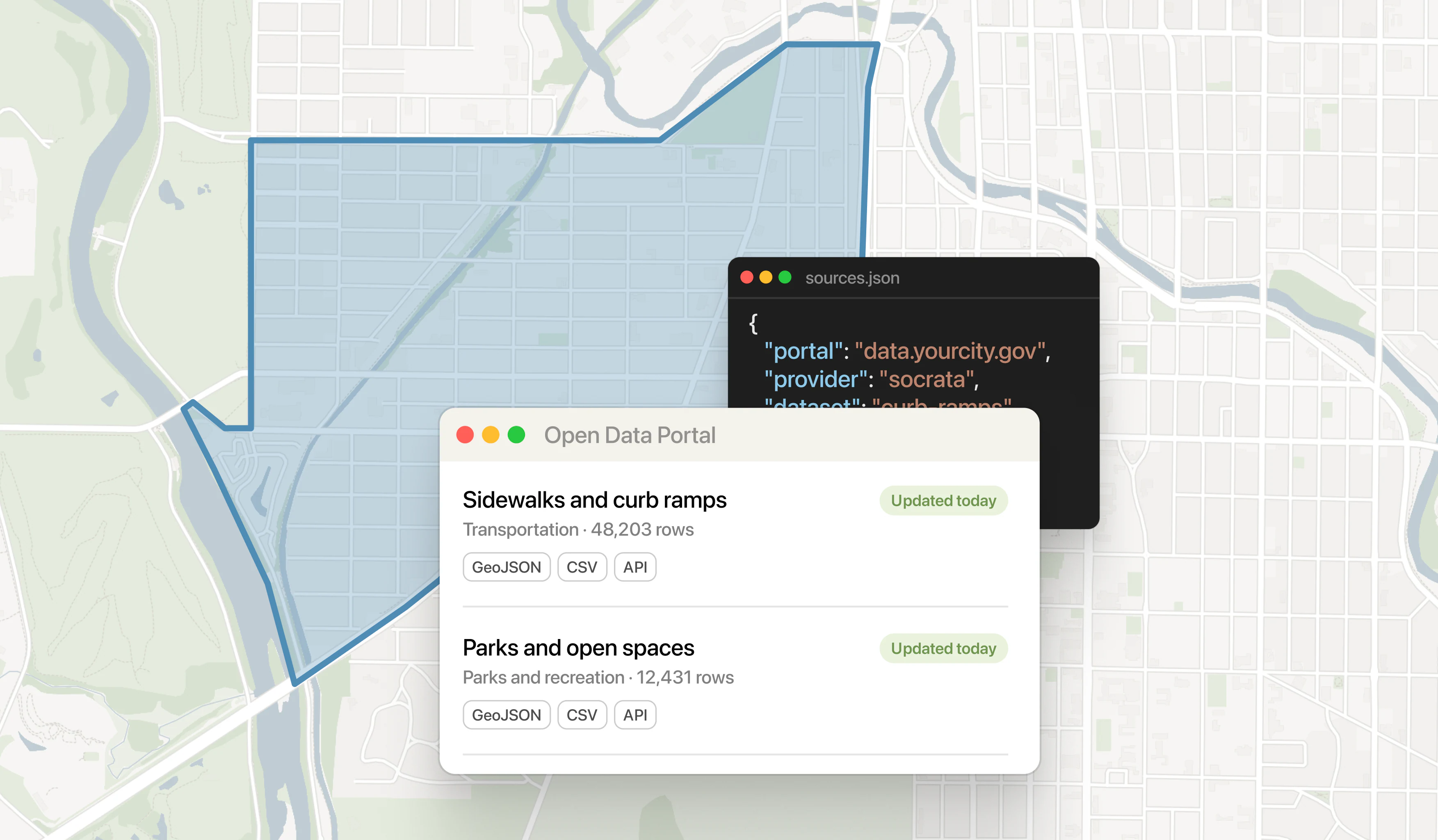 A diagram of the city's open-data feed flowing into the catalog, keeping wards and neighborhoods current on their own