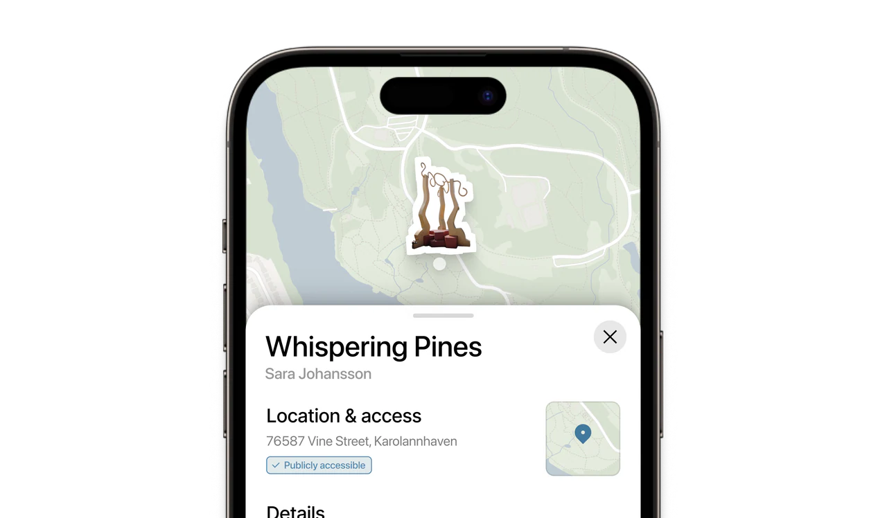 An artwork sheet on a phone for “Whispering Pines” by Sara Johansson, showing its location, street address and a “Publicly accessible” badge