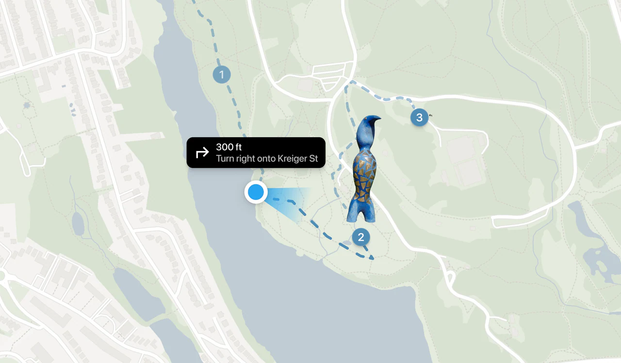 A tour route through a park with numbered stops and a turn-by-turn prompt reading “300 ft — turn right onto Kreiger St”