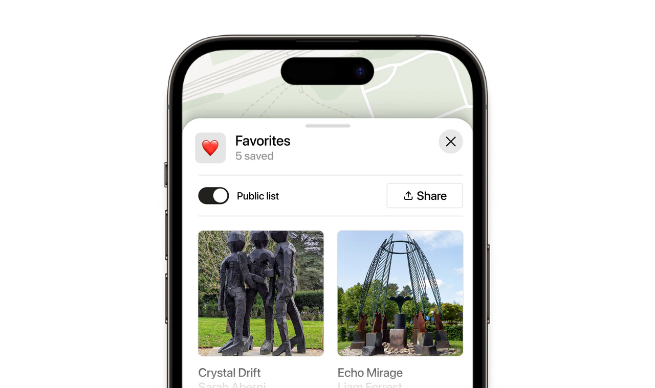 A visitor's saved list on their phone: favorite works gathered into a route worth sharing
