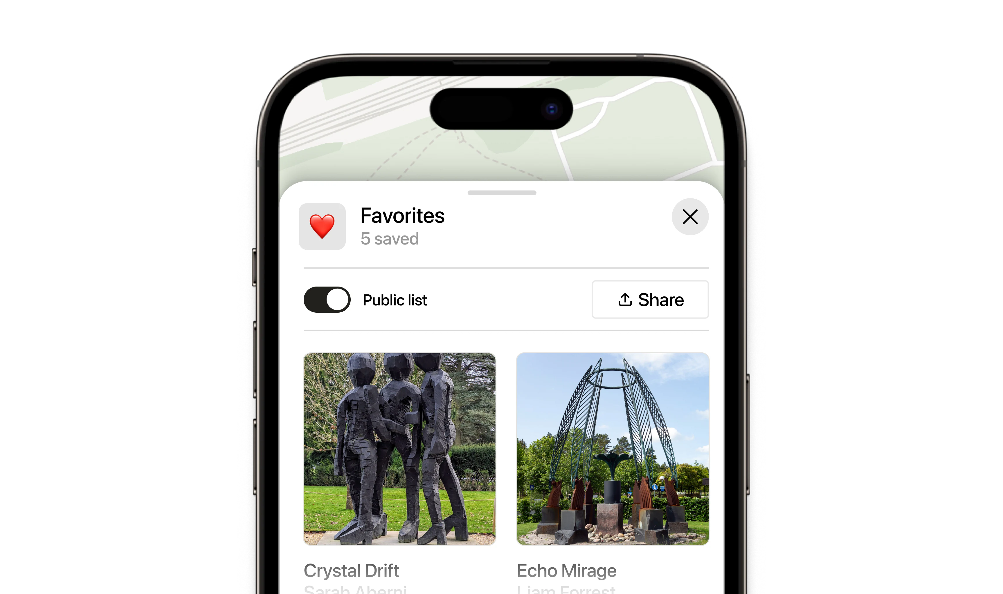 A visitor's saved list on their phone: favorite works gathered into a route worth sharing