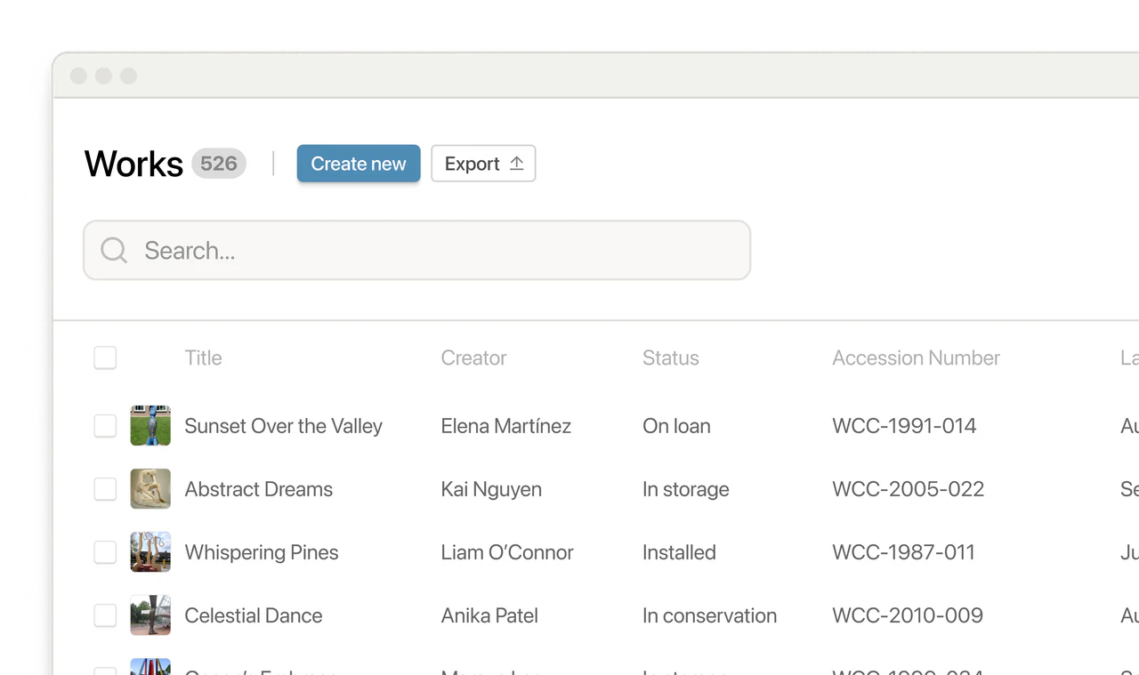 The catalog admin listing 526 works by title, creator, status and accession number, with statuses like “Installed” and “In conservation”
