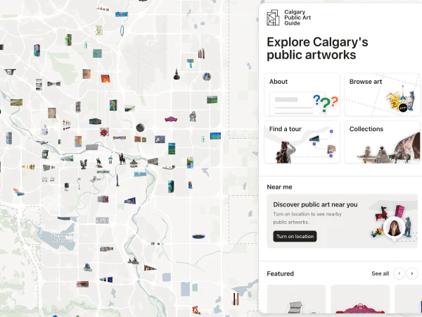 The Calgary Public Art Guide with artworks plotted across the city map.