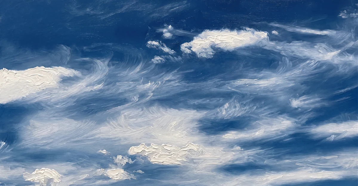 Painterly blue sky with brushstroke clouds.